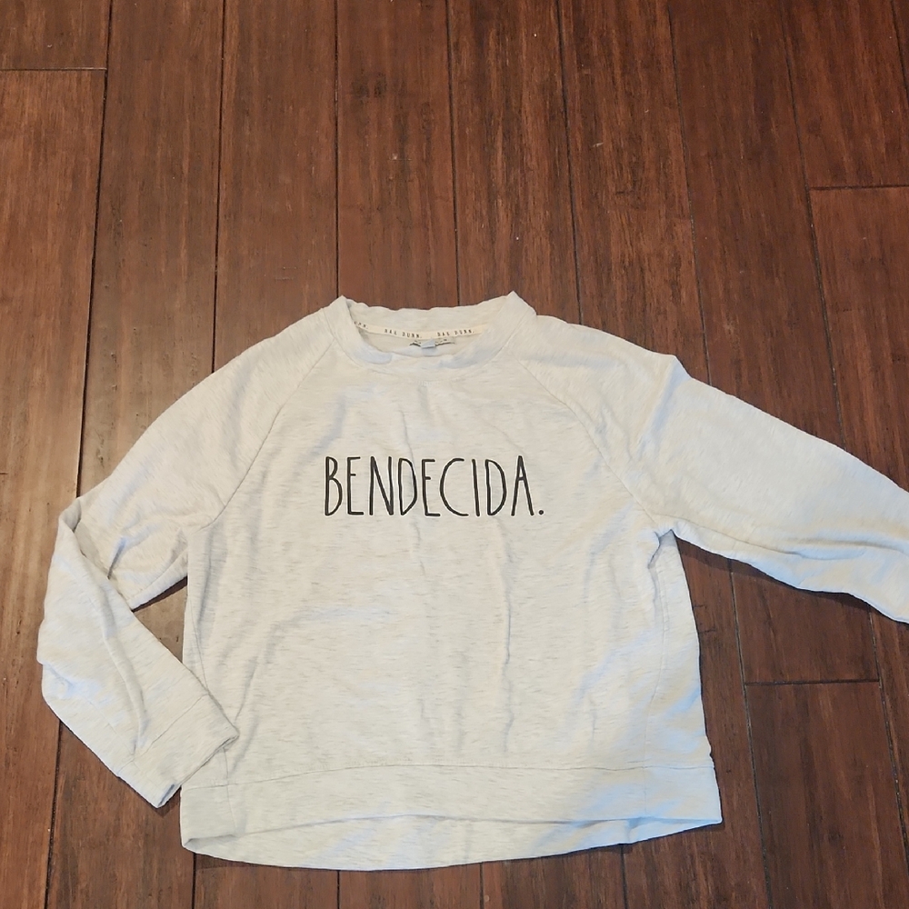 Rae Dunn "Bendecida-Blessed"  Light Gray Sweater